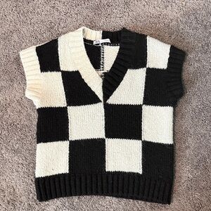 Zara Black and White Checkerboard V-Neck Sweater Vest
